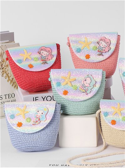 Bolsa de ombro infantil de ráfia com estampa de sereia arco-íris