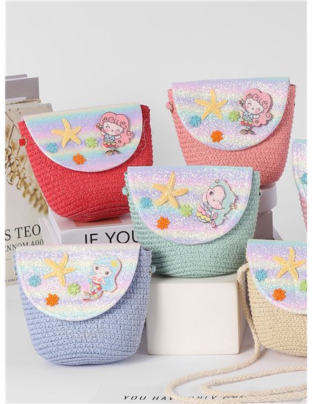 Borsa a tracolla per bambini in rafia con stampa sirena arcobaleno