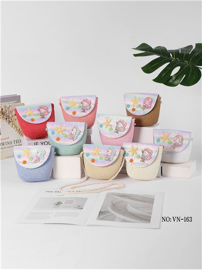 Bolsa de ombro infantil de ráfia com estampa de sereia arco-íris 2