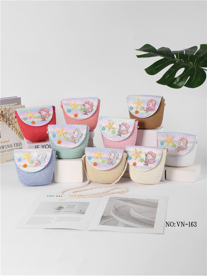 Borsa a tracolla per bambini in rafia con stampa sirena arcobaleno