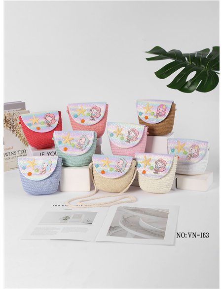 Borsa a tracolla per bambini in rafia con stampa sirena arcobaleno