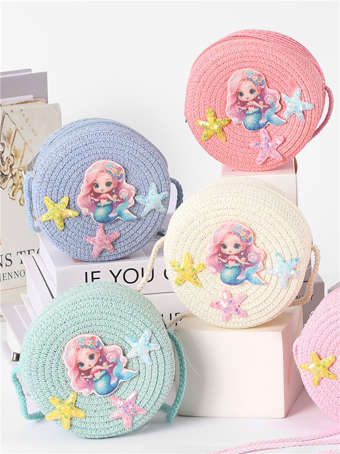 Bolso bandolera infantil redonda rafia sirenita