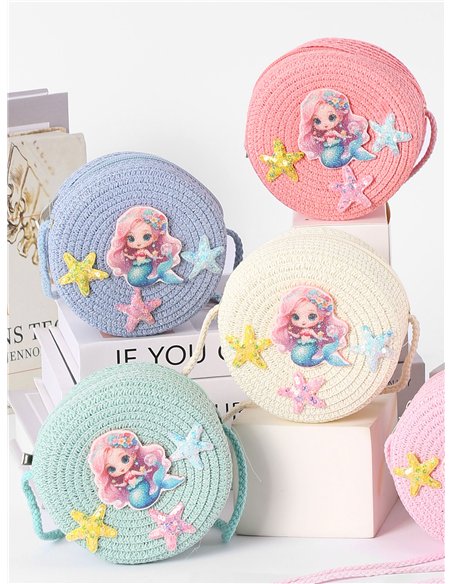 Bolso bandolera infantil redonda rafia sirenita