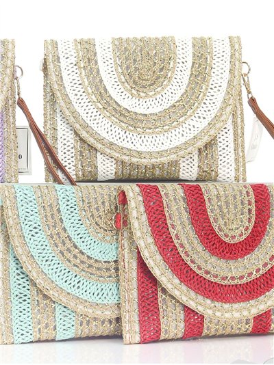 Bolso bandolera rafia boho con brillo y solapa semicircular