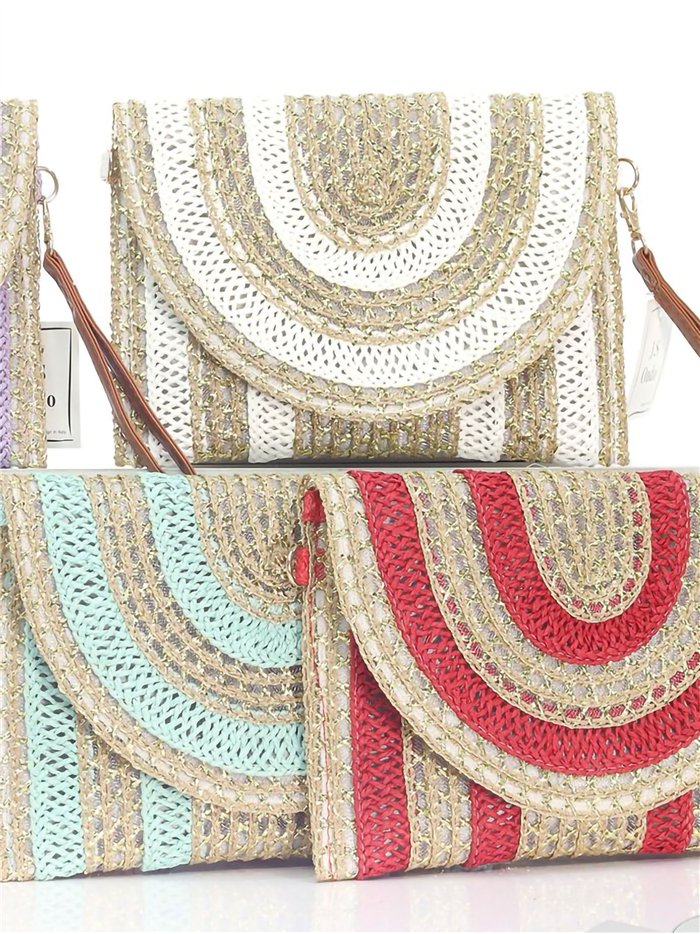 Bolso bandolera rafia boho con brillo y solapa semicircular