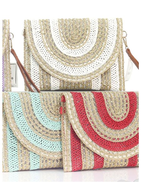 Bolso bandolera rafia boho con brillo y solapa semicircular