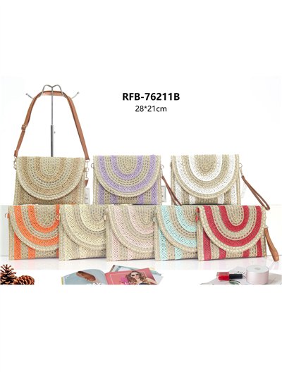 Bolso bandolera rafia boho con brillo y solapa semicircular 2