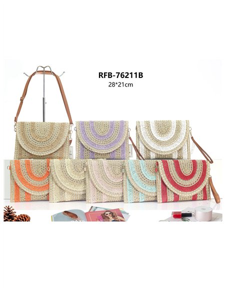 Bolso bandolera rafia boho con brillo y solapa semicircular