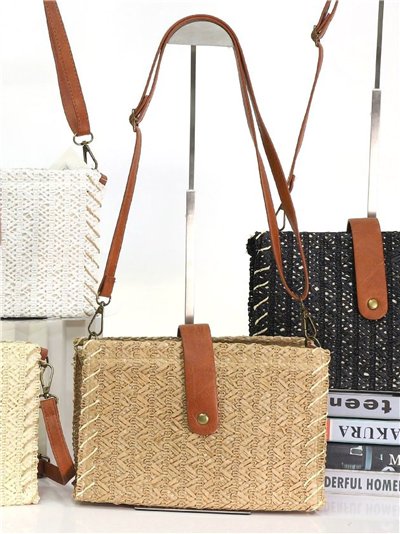 Bolso bandolera de rafia con detalle efecto piel