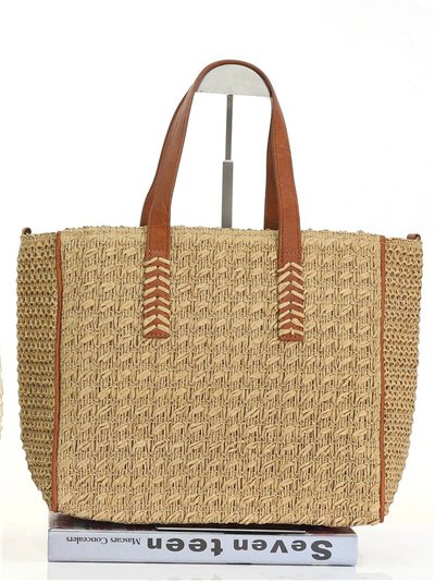 Bolso shopper de rafia con asas efecto piel