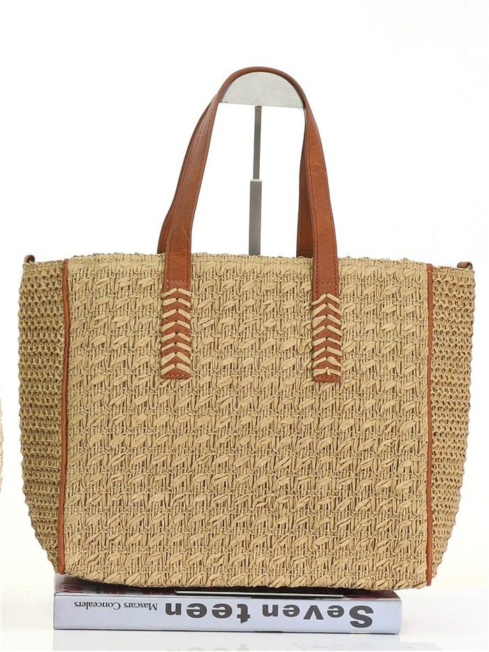 Bolso shopper de rafia con asas efecto piel