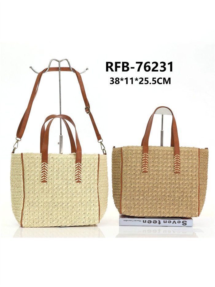 Bolso shopper de rafia con asas efecto piel