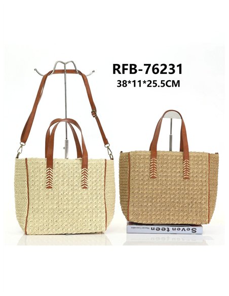 Bolso shopper de rafia con asas efecto piel