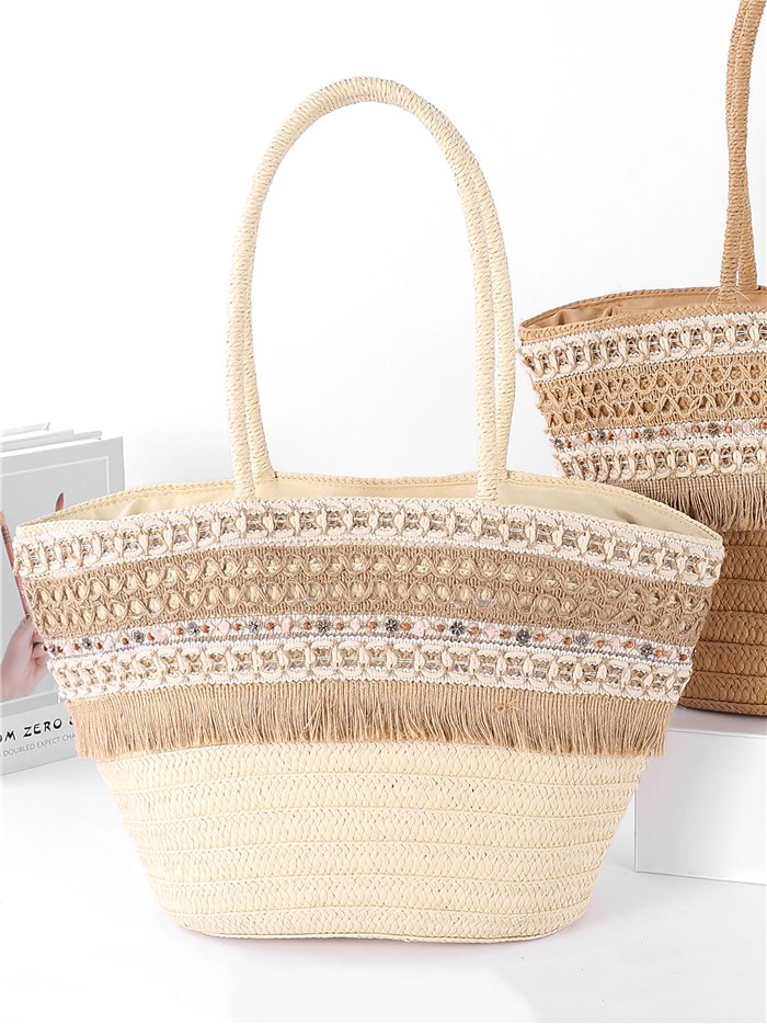 Capazo de playa con flecos y detalles abalorios