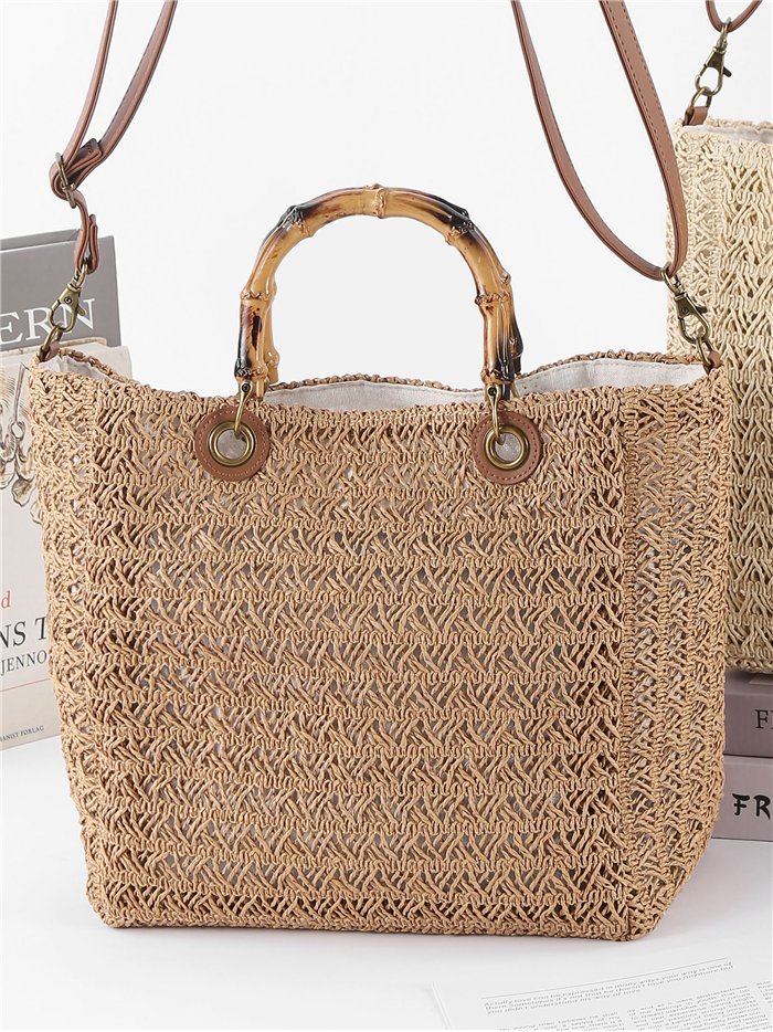 Bolso tote de rafia con asa de bambú