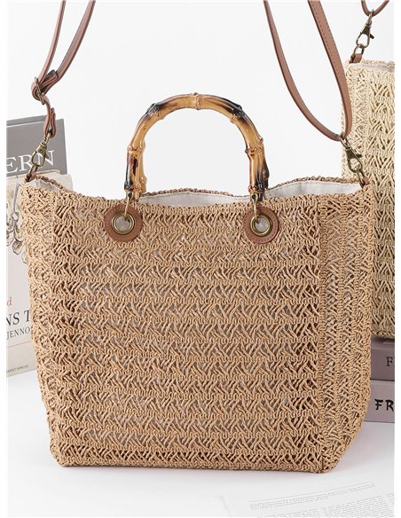 Bolso tote de rafia con asa de bambú
