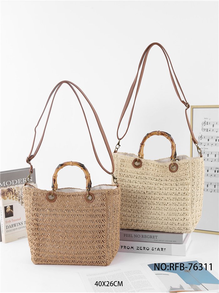 Bolso tote de rafia con asa de bambú
