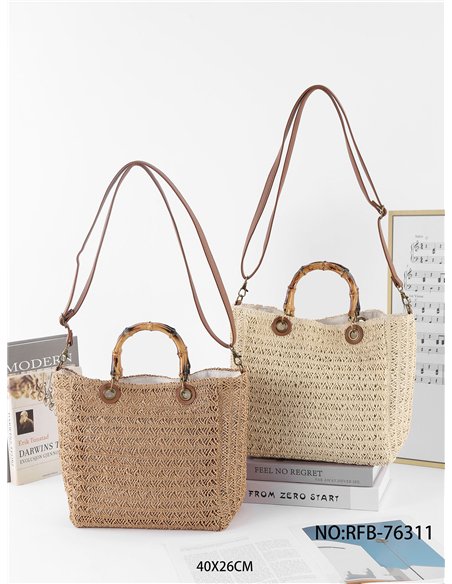 Bolso tote de rafia con asa de bambú