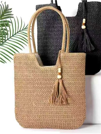 Bolso shopper de rafia con borla