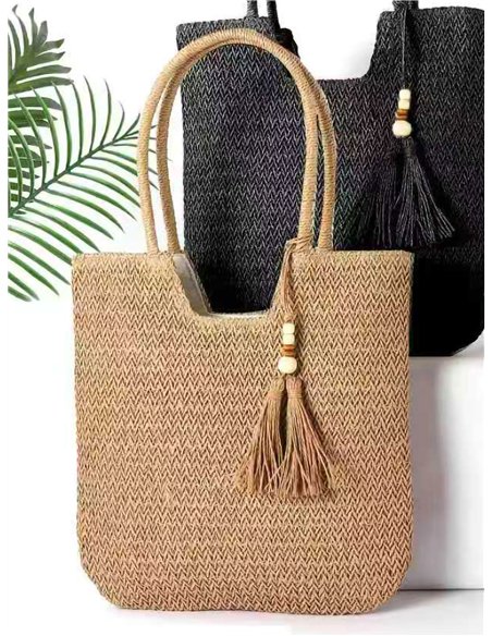 Bolso shopper de rafia con borla