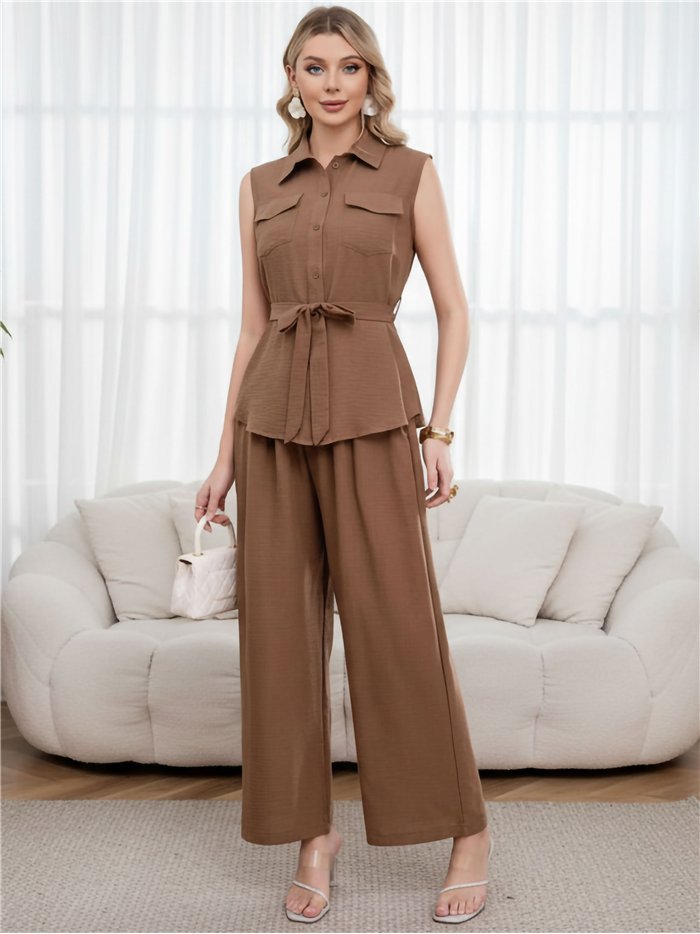 Ärmelloses Blusenset mit Gürtel und weit geschnittener Hose