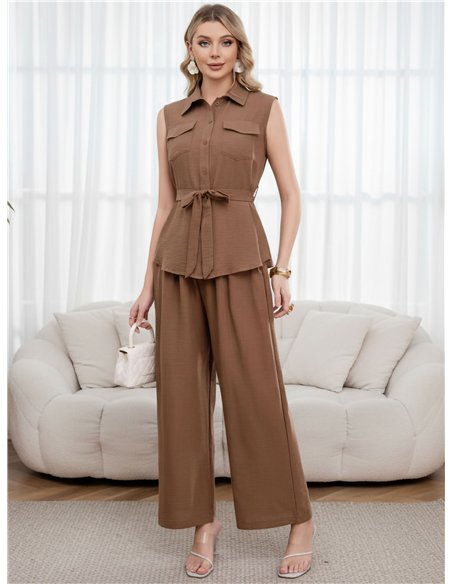 Ärmelloses Blusenset mit Gürtel und weit geschnittener Hose