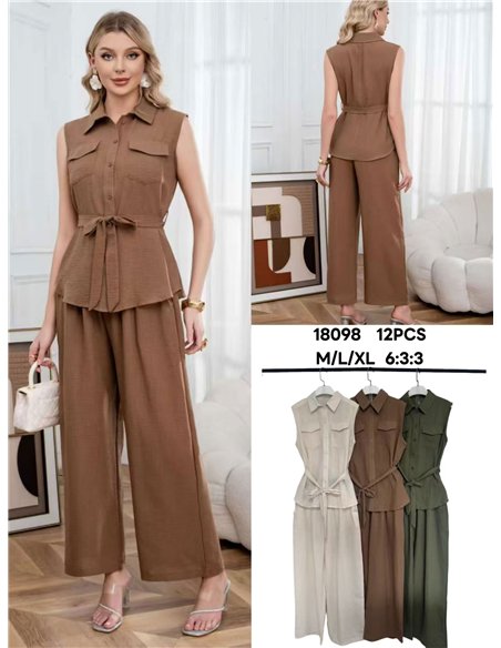 Ärmelloses Blusenset mit Gürtel und weit geschnittener Hose