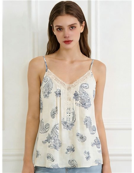 Top effetto lino con stampa paisley