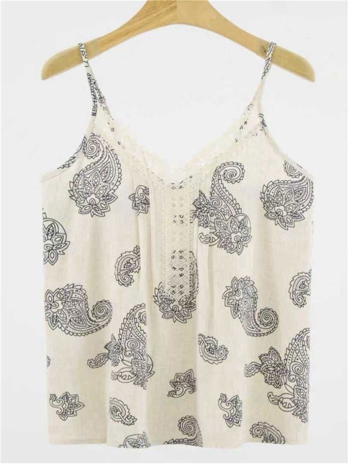 Top effetto lino con stampa paisley
