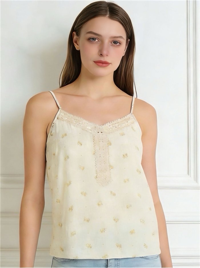Top lencero efecto lino florecitas con encaje