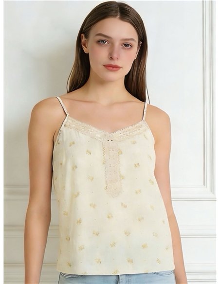 Top lencero efecto lino florecitas con encaje