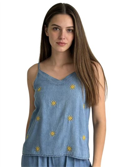 Haut en denim délavé brodé à motif soleil