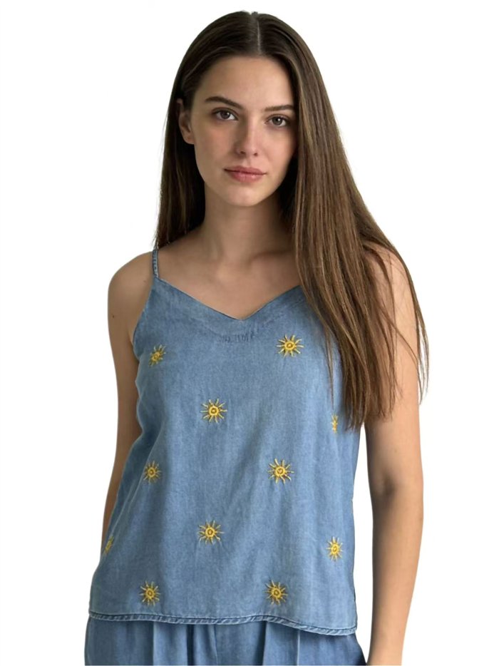 Haut en denim délavé brodé à motif soleil