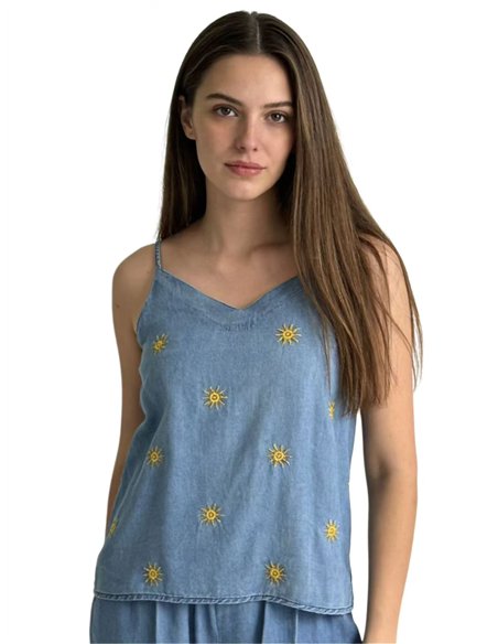 Haut en denim délavé brodé à motif soleil