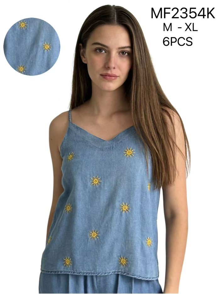 Haut en denim délavé brodé à motif soleil