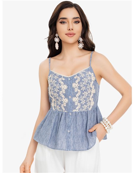 Top peplo in denim con ricami floreali