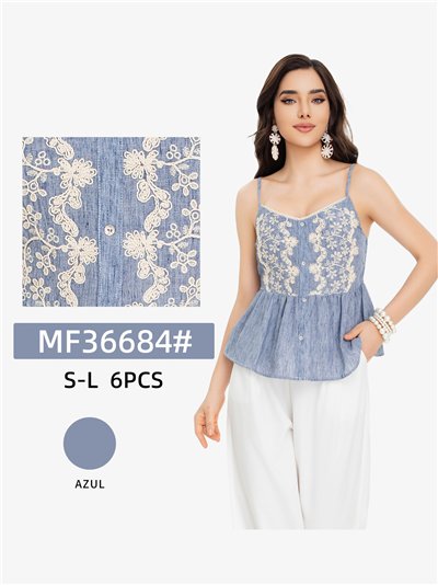 Top peplo in denim con ricami floreali 2