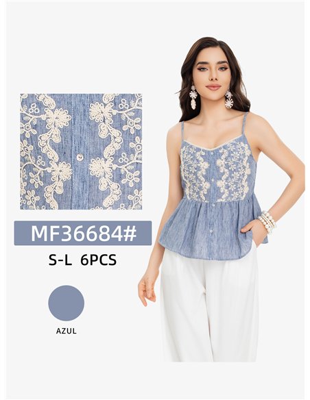 Top peplo in denim con ricami floreali