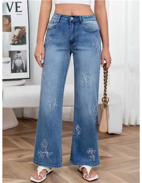 Jeans mit geradem Bein und Blumenstickerei