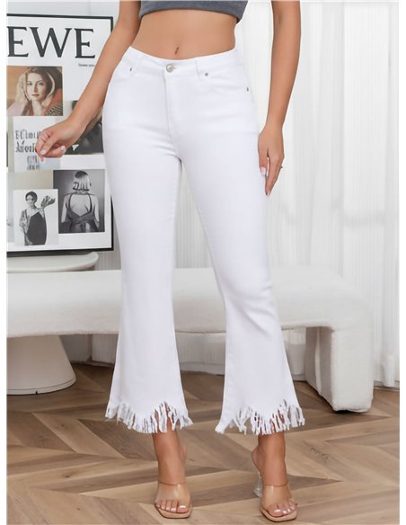 White flare jeans with frayed hem