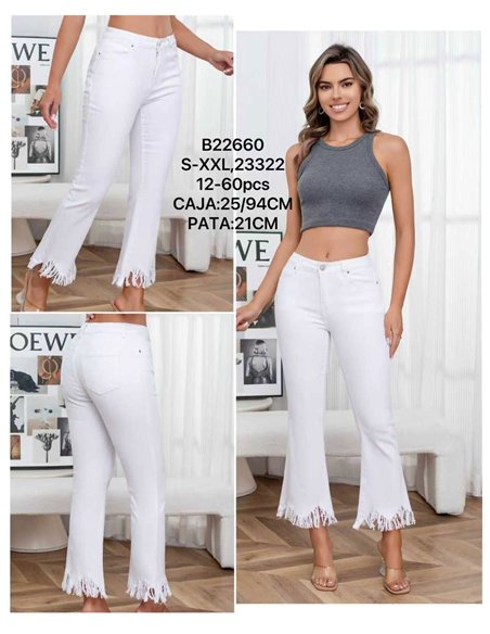 White flare jeans with frayed hem