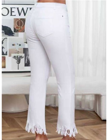 White flare jeans with frayed hem
