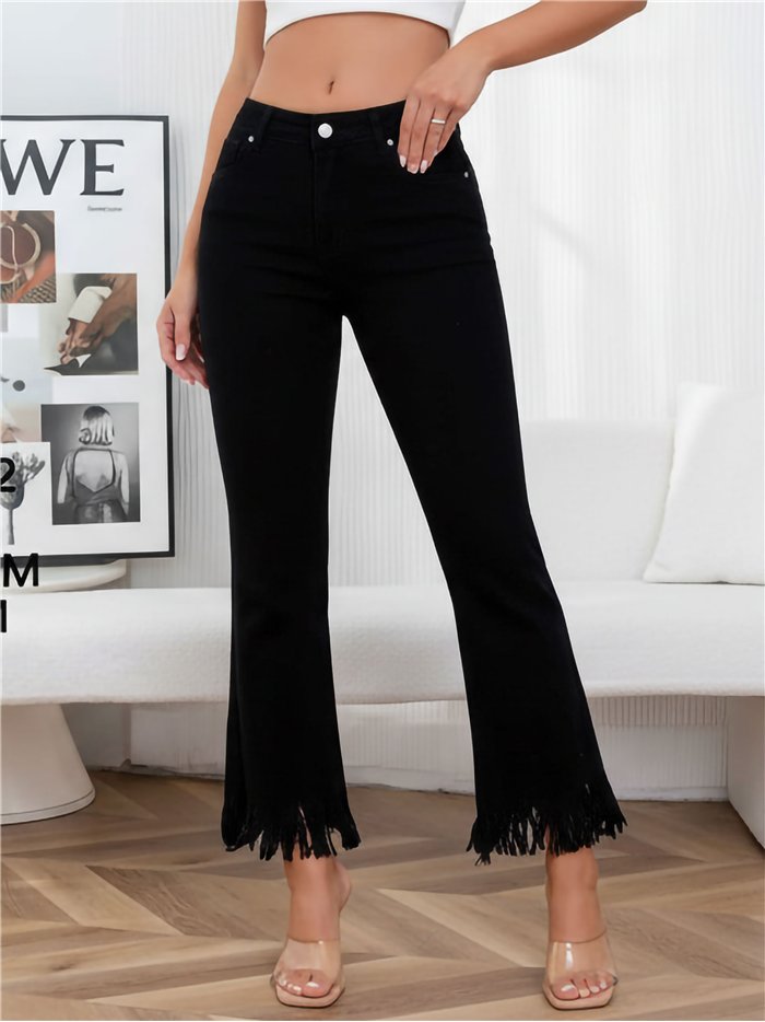 Jeans neri a zampa con frange