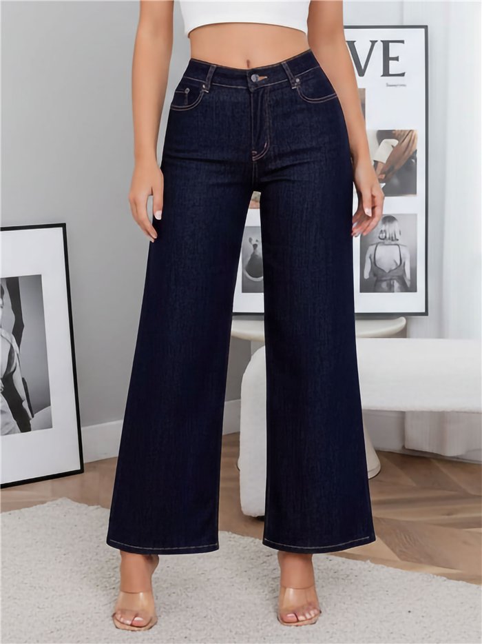 calça jeans azul escura de pernas largas