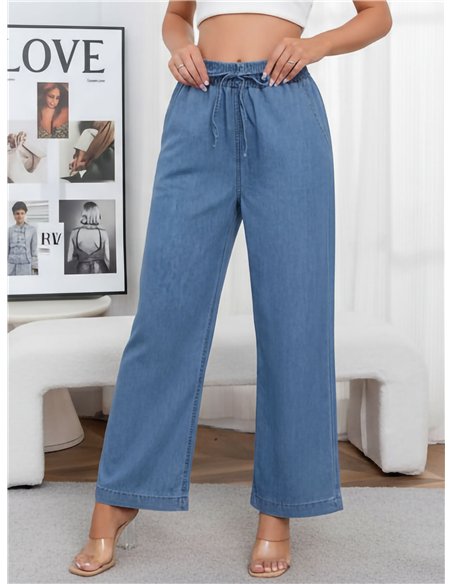Pantalón denim ancho con cordón