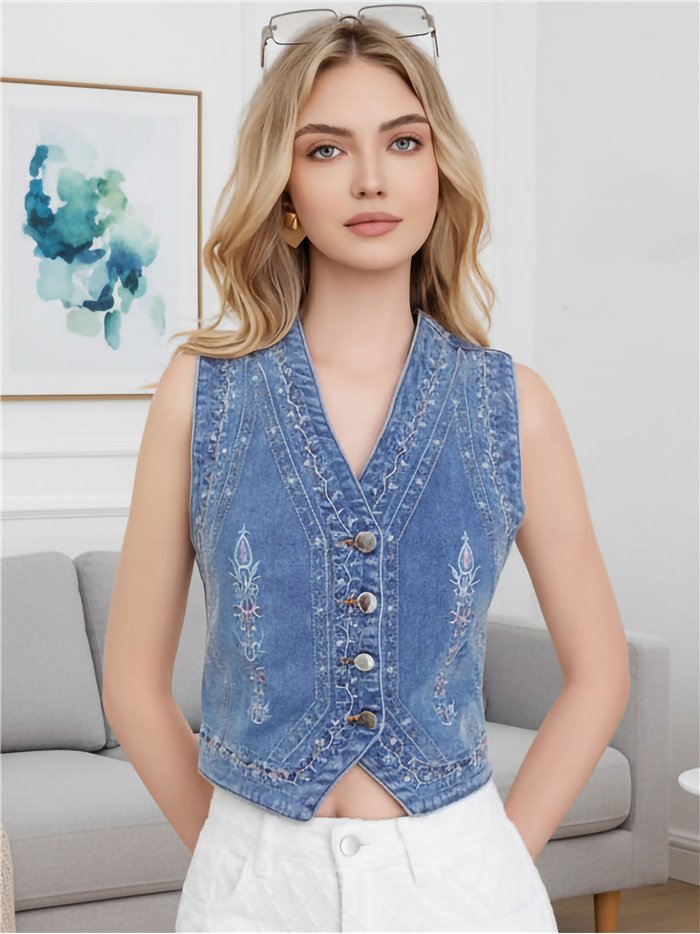 Chaleco denim bordado con botones