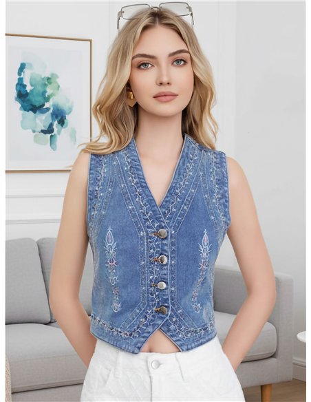 Chaleco denim bordado con botones