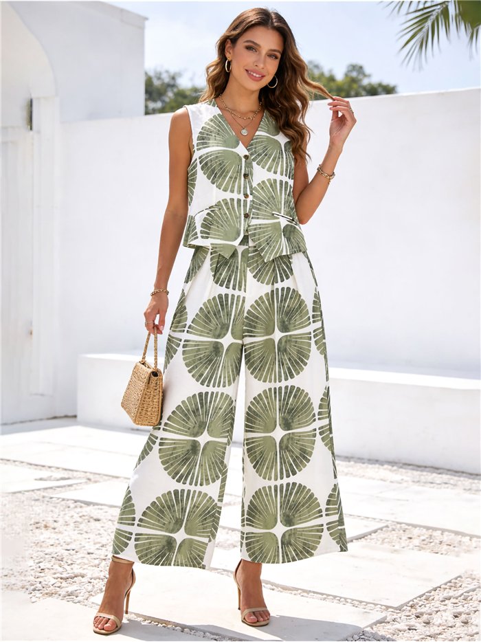 Conjunto tropical de chaleco y pantalón palazzo