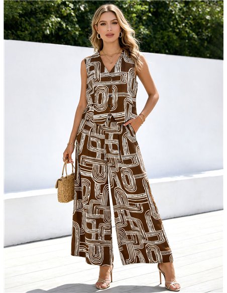 Conjunto geométrico de chaleco y pantalón palazzo