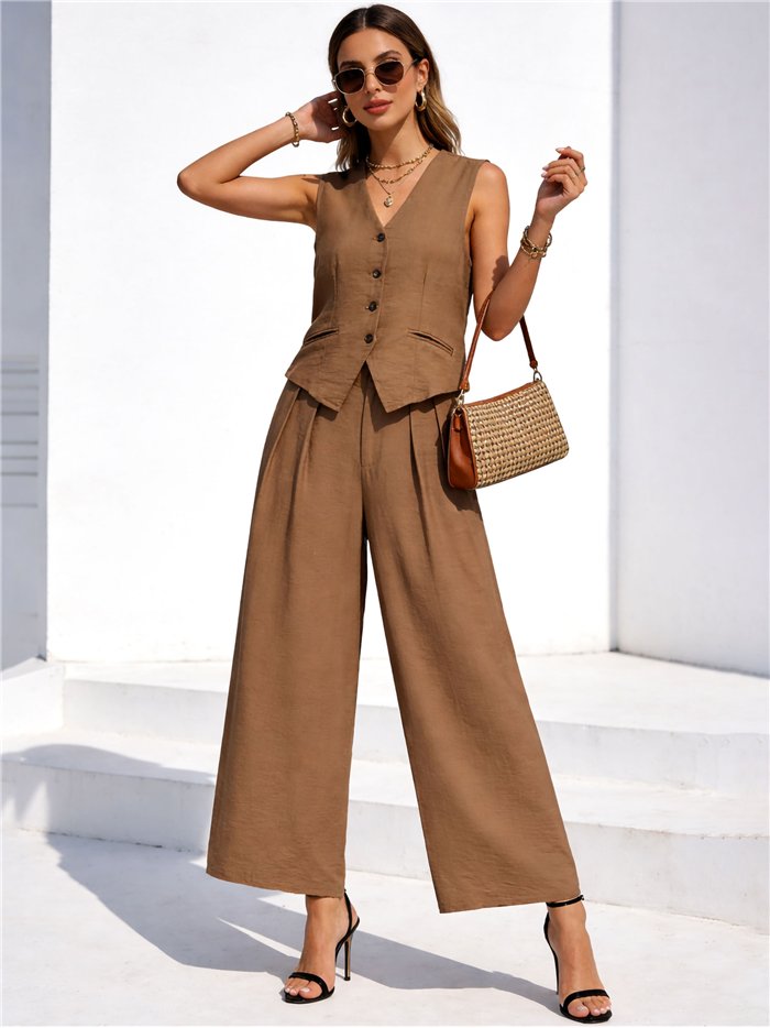 Conjunto liso de chaleco y pantalón palazzo